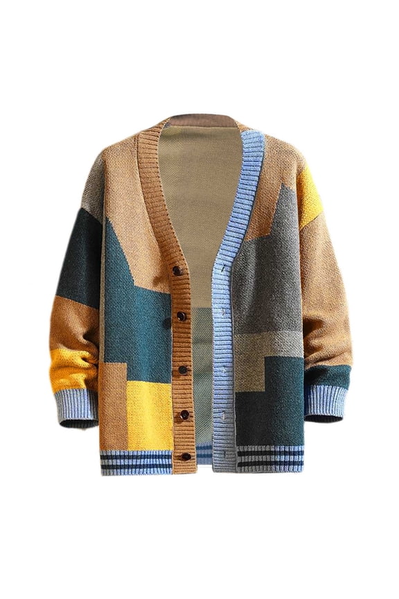 Men's Sweater Coat Autumn Winter Oversized Multiple Color Patchwork Knit Cardigan Long Sleeve V-Neck Button Down Thermal Coat For Cold Weather Daily Wear Minimalist Knitwear