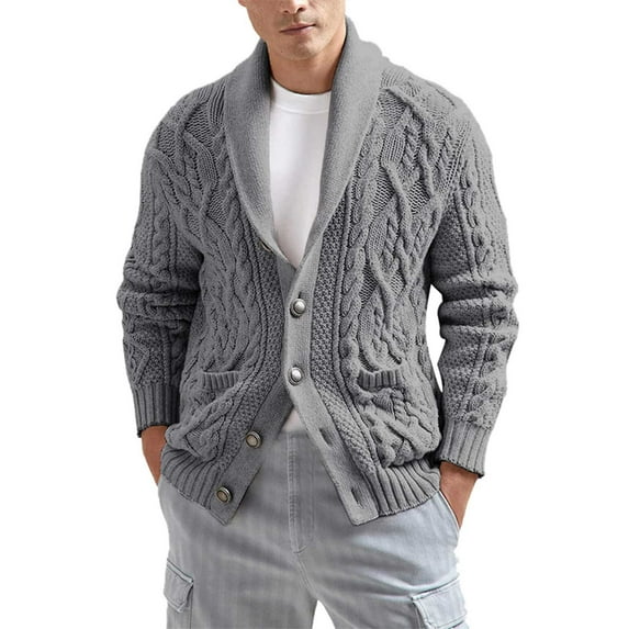 VNKIDY Men's Sweater Coat Autumn Winter Oversized Solid Color Cable Knit Cardigan Long Sleeve Shawl Collar Button Down Thermal Coat For Cold Weather Daily Wear Stylish Knitwear