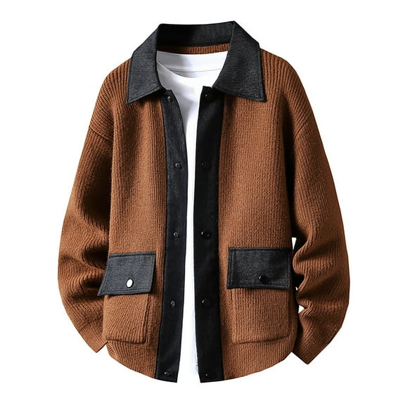 VNKIDY Men's Sweater Coat Autumn Winter Oversized Solid Color Contrast Collar Knitted Jacket Long Sleeve Button Front Thermal Coat With Patch Pockets For Cold Weather Soft Knitwear