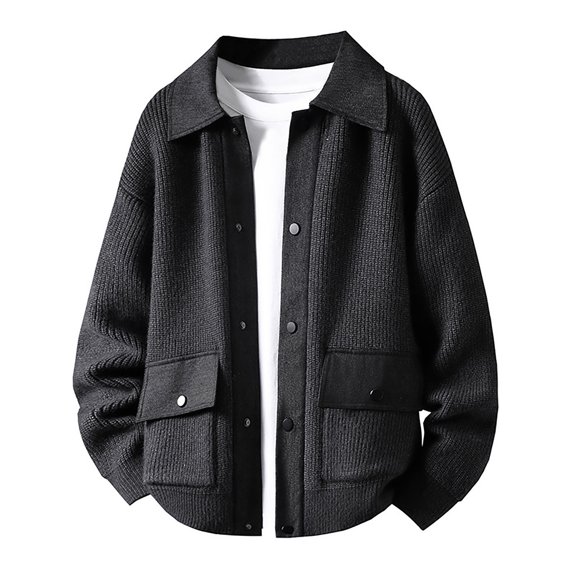 VNKIDY Men's Sweater Coat Autumn Winter Oversized Solid Color Contrast Collar Knitted Jacket Long Sleeve Button Front Thermal Coat With Patch Pockets For Cold Weather Classic Knitwear