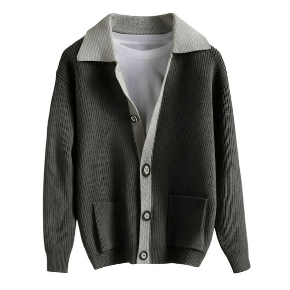 VNKIDY Men's Sweater Coat Autumn Winter Oversized Solid Color Contrast Collar Ribbed Knit Cardigan Long Sleeve Button Front Coat With Patch Pockets For Cold Weather Daily Wear Versatile Knitwear