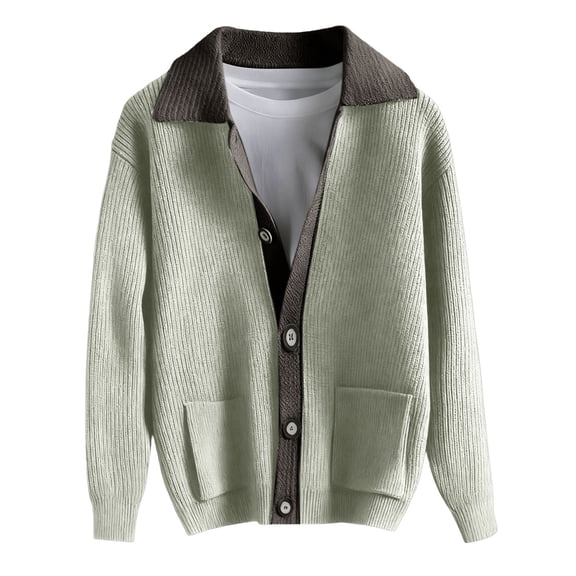 VNKIDY Men's Sweater Coat Autumn Winter Oversized Solid Color Contrast Collar Ribbed Knit Cardigan Long Sleeve Button Front Coat With Patch Pockets For Cold Weather Daily Wear Stylish Knitwear