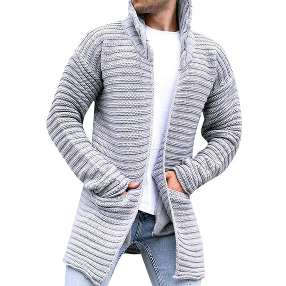 VNKIDY Men's Sweater Coat Autumn Winter Oversized Solid Color Ribbed Knit Cardigan Long Sleeve Open Front Thermal Loose Fit Coat With Kangaroo Pockets For Cold Weather Daily Wear Classic Knitwear