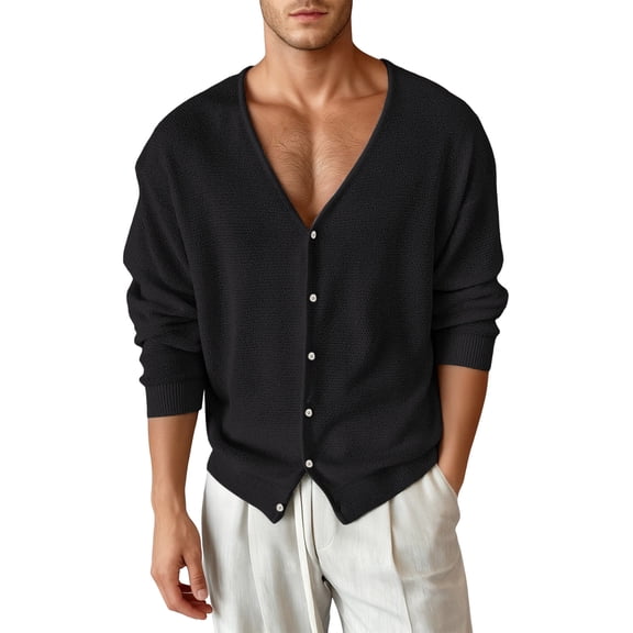 VNKIDY Men's Sweater Coat Autumn Winter Oversized Solid Color Textured Knit Cardigan Long Sleeve Deep V Neck Button Down Thermal Coat For Cold Weather Casual Daily Wear Minimalist Knitwear