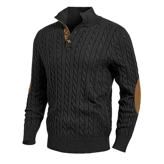 VNKIDY Men's Sweater Coat Autumn Winter Slim Fit Solid Color Cable Knit Sweater Long Sleeve Lapel Leather Elbow Patches Thermal Jumper For Cold Weather Daily Wear Fashionable Knitwear