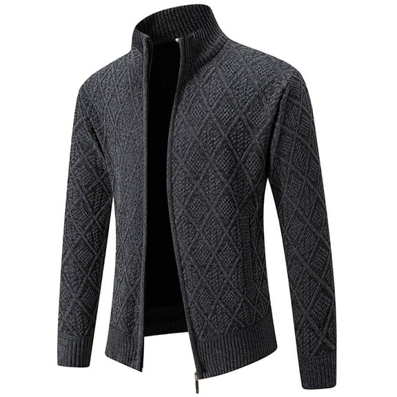 VNKIDY Men's Sweater Coat Autumn Winter Slim Fit Solid Color Diamond Pattern Knit Zip Cardigan Long Sleeve Stand Collar Thermal Fabric Coat For Cold Weather Daily Office Wear Soft Knitwear