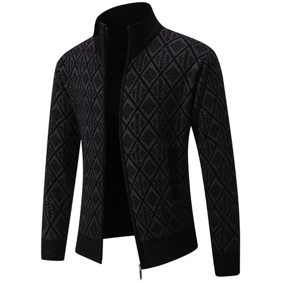 VNKIDY Men's Sweater Coat Autumn Winter Slim Fit Solid Color Diamond Pattern Knit Zip Cardigan Long Sleeve Stand Collar Thermal Fabric Coat For Cold Weather Daily Office Wear Trendy Knitwear