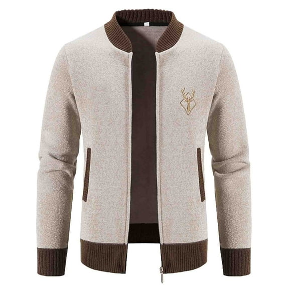 VNKIDY Men's Sweater Coat Autumn Winter Slim Fit Solid Color Knit Jacket With Contrast Hem Long Sleeve Zipper Deer Soft Thermal Sweater For Cold Weather Daily Wear Relaxed Fit Knitwear