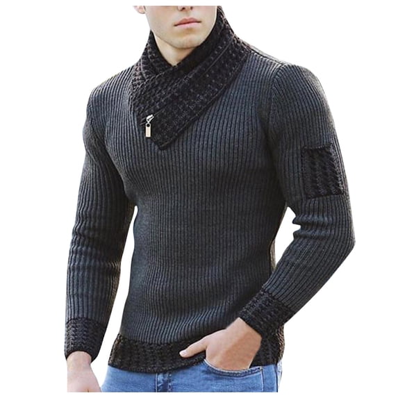VNKIDY Men's Sweater Coat Autumn Winter Slim Fit Solid Color Ribbed Knit Sweater Long Sleeve Asymmetrical Collar Contrast Patch Detail Thermal Jumper For Cold Weather Casual Knitwear