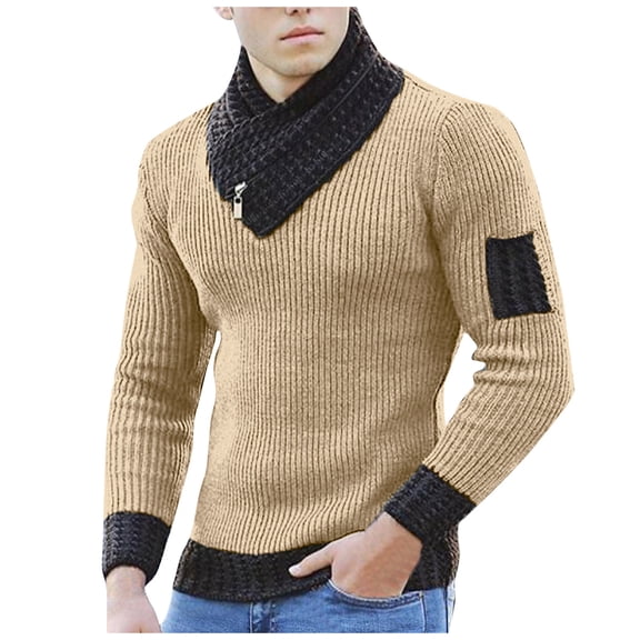 VNKIDY Men's Sweater Coat Autumn Winter Slim Fit Solid Color Ribbed Knit Sweater Long Sleeve Asymmetrical Collar Contrast Patch Detail Thermal Jumper For Cold Weather Trendy Knitwear