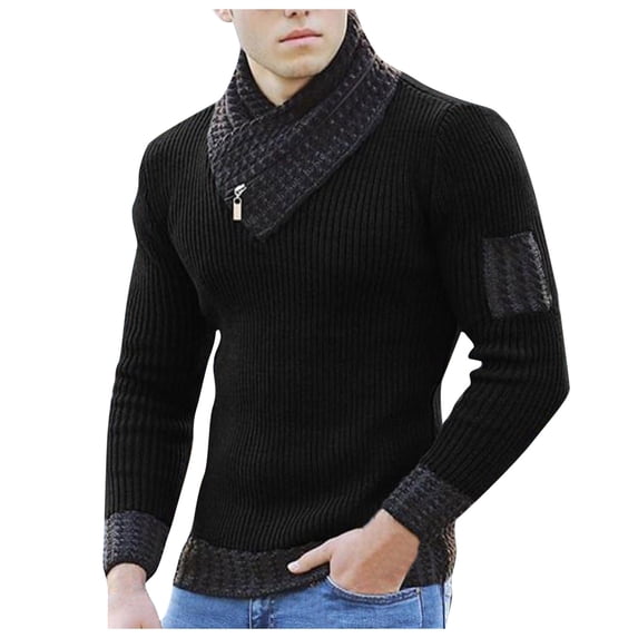 VNKIDY Men's Sweater Coat Autumn Winter Slim Fit Solid Color Ribbed Knit Sweater Long Sleeve Asymmetrical Collar Contrast Patch Detail Thermal Jumper For Cold Weather Holiday Knitwear