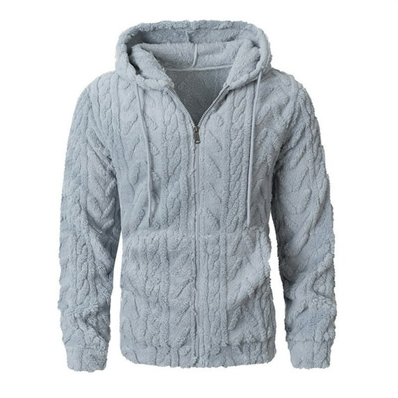 VNKIDY Men's Sweater Coat Fall Winter Oversized Solid Color Cable Knitted Plush Hoodie Long Sleeve Full Zip Thermal Sweater Coat For Cold Weather Daily Wear Minimalist Knitwear