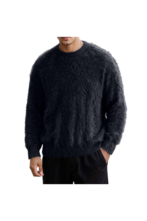Men's Sweater Coat Fall Winter Oversized Solid Color Fluffy Knit Sweater Long Sleeve Crewneck Plush Thermal Relaxed Fit Jumper For Cold Weather Daily Wear Fashionable Knitwear
