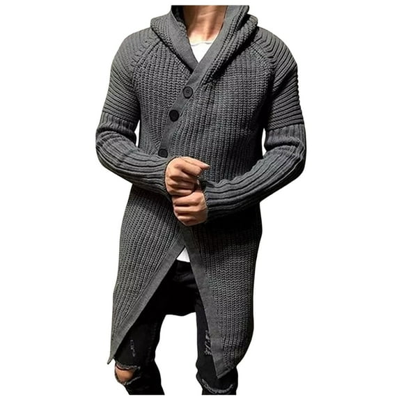 VNKIDY Men's Sweater Coat Fall Winter Oversized Solid Color Ribbed Knit Hooded Cardigan Long Sleeve Buttons Down Thermal Windproof Coat For Cold Weather Daily Wear Fashionable Knitwear