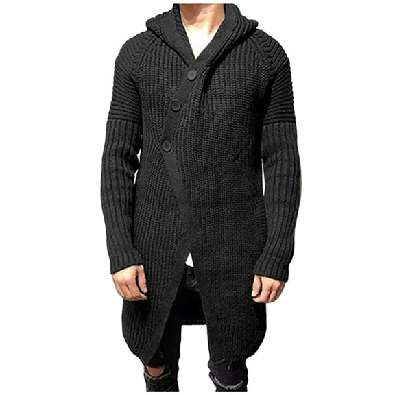 VNKIDY Men's Sweater Coat Fall Winter Oversized Solid Color Ribbed Knit Hooded Cardigan Long Sleeve Buttons Down Thermal Windproof Coat For Cold Weather Daily Wear Relaxed Fit Knitwear