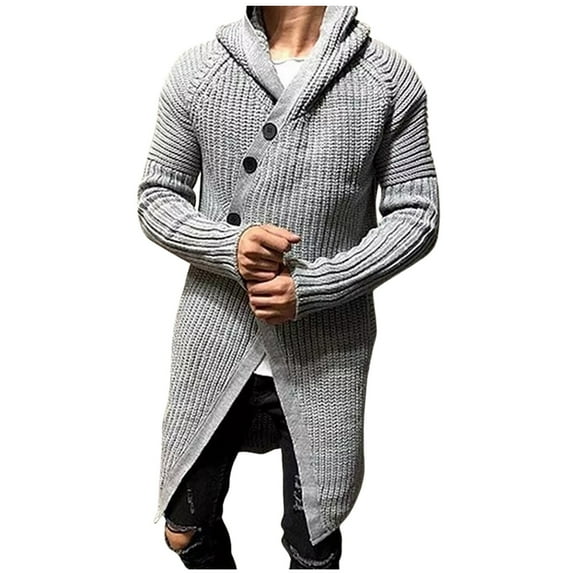 VNKIDY Men's Sweater Coat Fall Winter Oversized Solid Color Ribbed Knit Hooded Cardigan Long Sleeve Buttons Down Thermal Windproof Coat For Cold Weather Daily Wear Cozy Knitwear