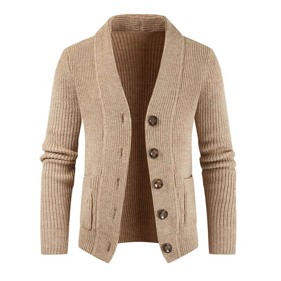 VNKIDY Men's Sweater Coat Fall Winter Solid Color Slim Fit Ribbed Knit Cardigan Long Sleeve Shawl Collar Button Down Thermal Coat For Cold Weather Daily Wear Versatile Knitwear