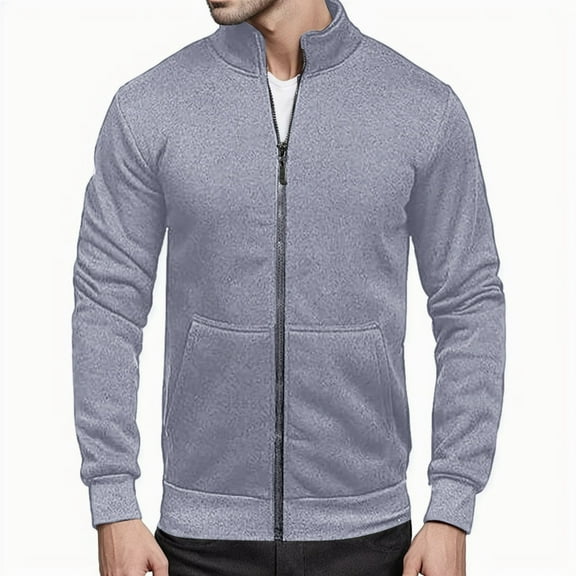 VNKIDY Men's Sweatshirt Fall Winter Casual Solid Color Full Zip Jacket Stand Collar Long Sleeve Loose Fit Warm Sweatshirt With Kangaroo Pockets For Daily Wear Soft Tops