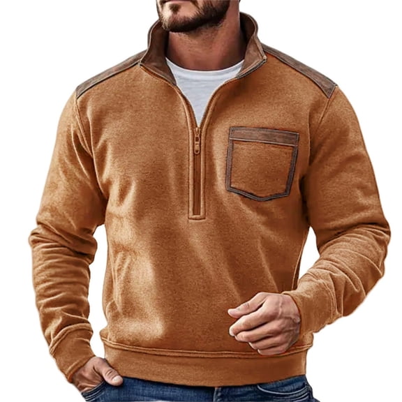 VNKIDY Men's Sweatshirt Fall Winter Plush Quarter Zip Pullover Stand Collar Long Sleeve Loose Fit Sweatshirt With Contrast Leather Pocket Shoulder Patches For Outdoor Activities Versatile Tops