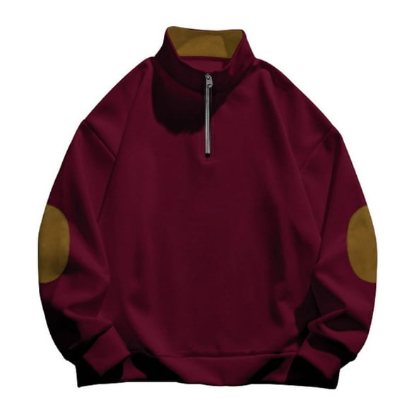 VNKIDY Men's Sweatshirt Fall Winter Solid Color Casual Quarter Zip Pullover Stand Collar Long Sleeve Top With Contrast Elbow Patches For Cold Weather Trendy Tops