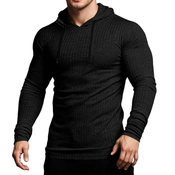 VNKIDY Men's Sweatshirts Autumn Winter Casual Ribbed Slim Fit Hoodie Solid Color Long Sleeve Pullover For Cold Weather Daily Wear Fashionable Tops