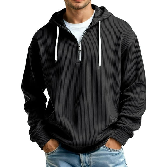 VNKIDY Men's Sweatshirts Fall Winter Solid Color Casual Ribbed Quarter Zip Hoodie Adjustable Drawstring Hood Long Sleeve Loose Fit Pullover For Daily Wear Leisure Tops