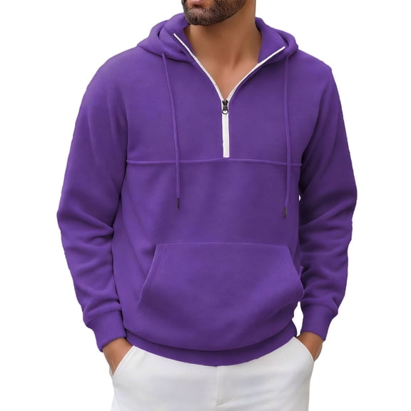 VNKIDY Men's Sweatshirts Fall Winter Solid Color Quarter Zip Pullover With Adjustable Drawstring Hood Long Sleeve Loose Fit Pullover With Kangaroo Pocket For Street Style Leisure Tops