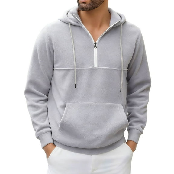VNKIDY Men's Sweatshirts Fall Winter Solid Color Quarter Zip Pullover With Adjustable Drawstring Hood Long Sleeve Loose Fit Pullover With Kangaroo Pocket For Street Style Leisure Tops