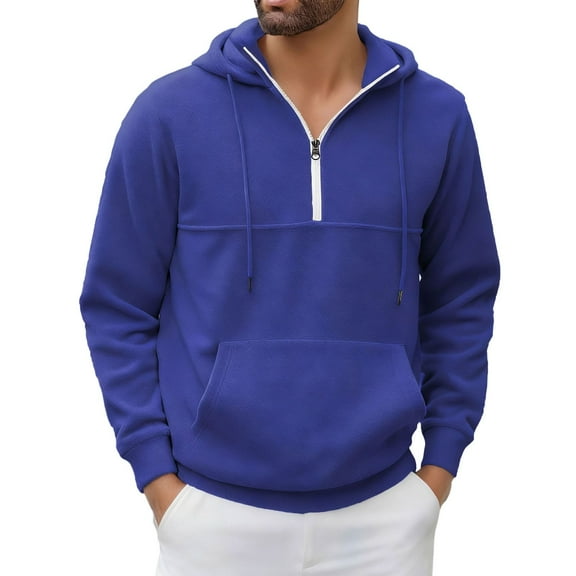 VNKIDY Men's Sweatshirts Fall Winter Solid Color Quarter Zip Pullover With Adjustable Drawstring Hood Long Sleeve Loose Fit Pullover With Kangaroo Pocket For Street Style Soft Tops