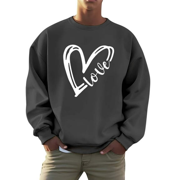 VNKIDY Men's Valentine's Day Sweatshirt With Minimalist Heart Letter Pattern Long Sleeve Crewneck Loose Fit Pullover For Casual Daily Outdoor Wear Fashionable Top
