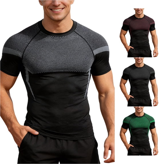 VNKIDY Mens Crew Neck Mesh Panel Compression Sport Tee Gym Workout Slim Fit Raglan Short Sleeve Quick Dry Stretchy Breathable Athletic Training Tops Versatile Tees XXL