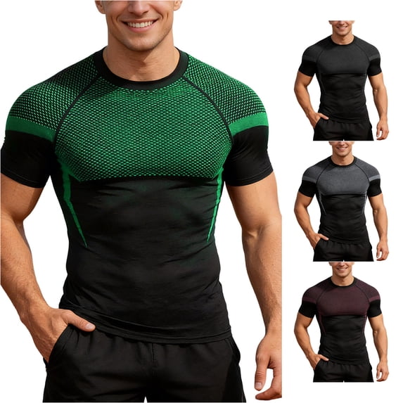 VNKIDY Mens Crew Neck Mesh Panel Compression Sport Tee Gym Workout Slim Fit Raglan Short Sleeve Quick Dry Stretchy Breathable Athletic Training Tops Soft Tees XXL