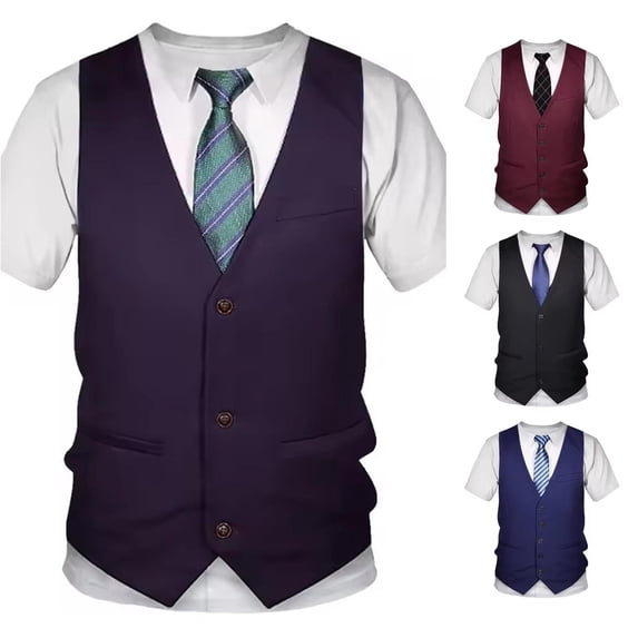 VNKIDY Mens Crew Neck Printed Suit Vest Graphic T-Shirts Regular Fit Short Sleeve Soft Stretchy Business Party Casual Summer Tee Tops Casual Tees M