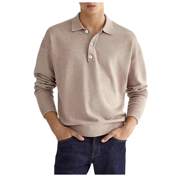 VNKIDY Mens Fashion Casual Solid Color Button Long Sleeve Tops Polo Shirt Athletic Classic Work Basic Collared Pullover Shirts Soft Top XXXL
