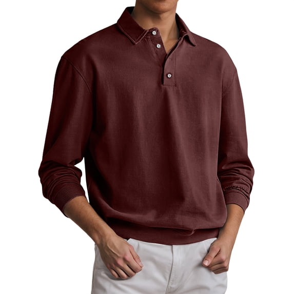 VNKIDY Mens Fashion Casual Solid Color Button Long Sleeve Tops Polo Shirt Athletic Classic Work Basic Collared Pullover Shirts Versatile Top L