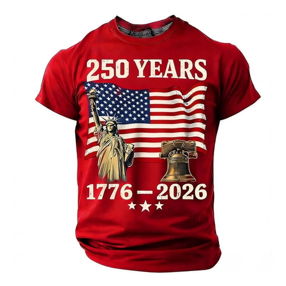 VNKIDY Mens Independence Day Short Sleeve TShirts Usa Flag 250 Years Print Crewneck Patriotic Casual Tees For National Celebrations Daily Wear Red L