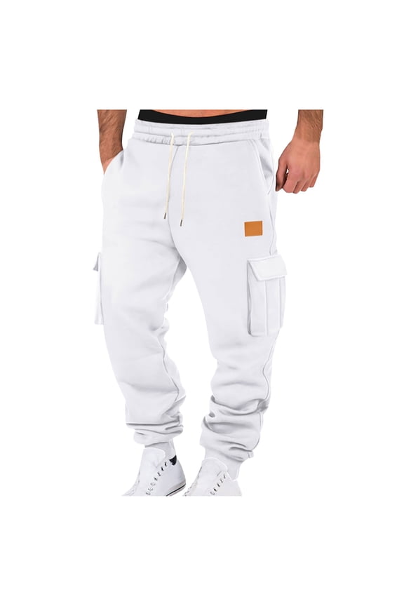 Mens Pants Casual Cargo Jogger Pants Solid Color Elastic Waist With Drawstring Side Cargo Pockets Tapered Leg Trousers For Daily Street Wear White XXXL