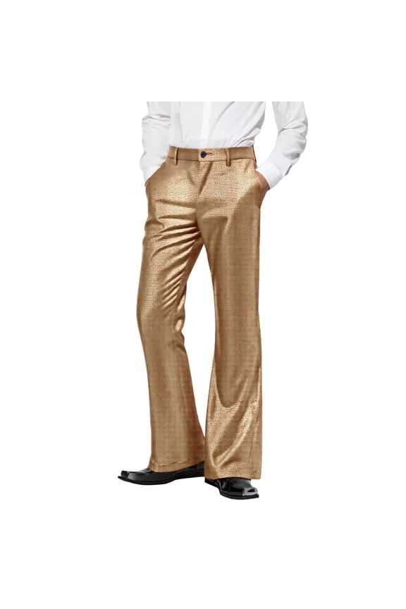 Mens Pants Casual Flared Dress Pants Solid Color Button Closure Shiny Textured Slim Fit Trousers For Formal Occasions Daily Wear Gold M