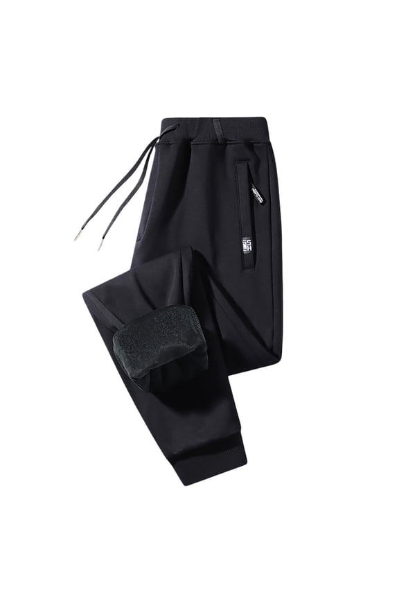 Mens Pants Casual Plush Lined Jogger Pants Solid Color Elastic Waist With Drawstring Soft Plush Lining Zipper Pocket Tapered Leg Trousers For Winter Daily Wear Black XXL