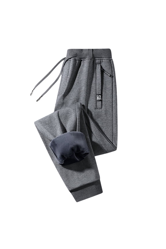 Mens Pants Casual Plush Lined Jogger Pants Solid Color Elastic Waist With Drawstring Soft Plush Lining Zipper Pocket Tapered Leg Trousers For Winter Daily Wear Grey M