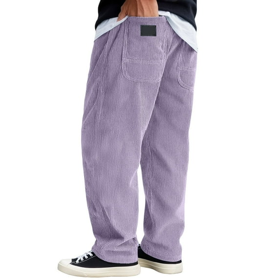 VNKIDY Mens Pants Casual Wide Leg Corduroy Pants Solid Color Elastic Waist Striped Texture Patch Pocket Loose Fit Trousers For Daily Wear Purple XXXL