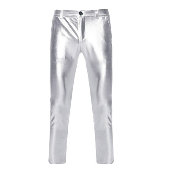 VNKIDY Mens Pants Slim Fit Leather Pants Solid Color Mid Waist Straight Leg Smooth Shiny Texture Formal Casual Trousers For Daily Wear Party Occasions Silver L
