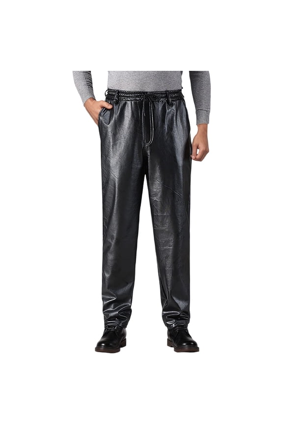 Mens Pants Solid Color Thermal Leather Pants Winter Windproof Elastic Waist Loose Fit Trouser For Cold Weather Casual Daily Wear Black XXL
