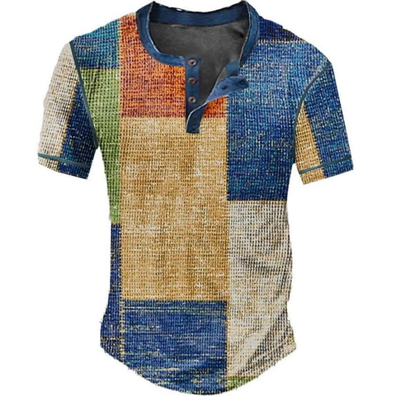 VNKIDY Mens Patchwork Waffle Knit Henley Shirt Short Sleeve Button Neck Curved Hem Casual TShirts For Daily Wear Blue L