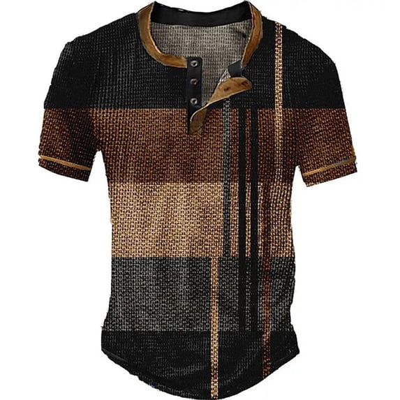 VNKIDY Mens Patchwork Waffle Knit Henley Shirt Short Sleeve Button Neck Curved Hem Casual TShirts For Daily Wear Brown L