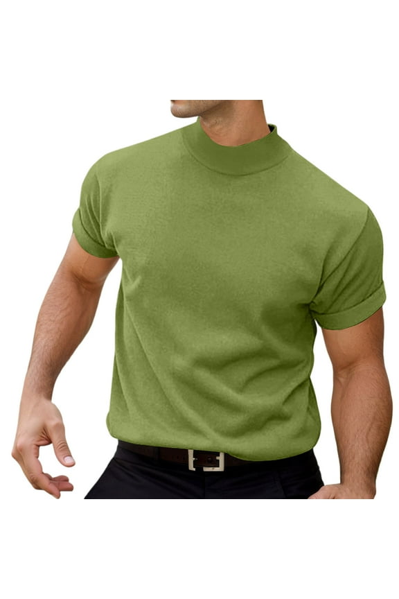 Mens T-Shirt Slim Fit Half High Neck Short Sleeve Tees Solid Color Soft Stretch Tops For Casual Daily Layering Wear Stylish Top