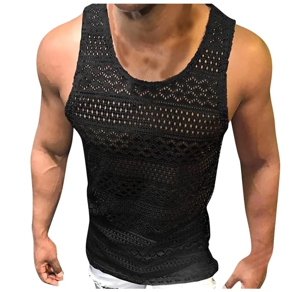 VNKIDY Mens T-Shirt Slim Fit Sheer Lace Sleeveless Tank Top Solid Color Geometric Pattern Breathable Tees For Beach Daily Party Wear Leisure Top