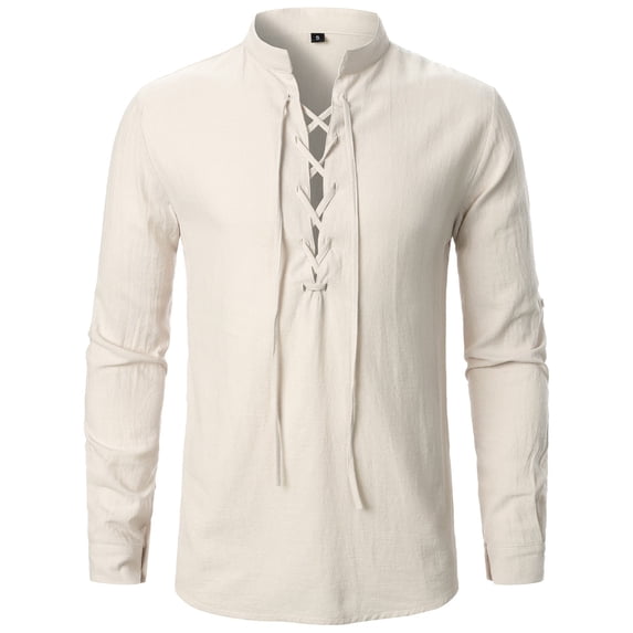 VNKIDY Mens T-Shirt Solid Color Lace Up Long Sleeve Shirt Linen Loose Fit Pullover For Party Casual Daily Wear Versatile Top