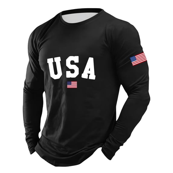 VNKIDY Mens Usa Flag Print Long Sleeve TShirts Crewneck Patriotic Design Curved Hem Casual Tees For Holiday Daily Wear Black XXXL