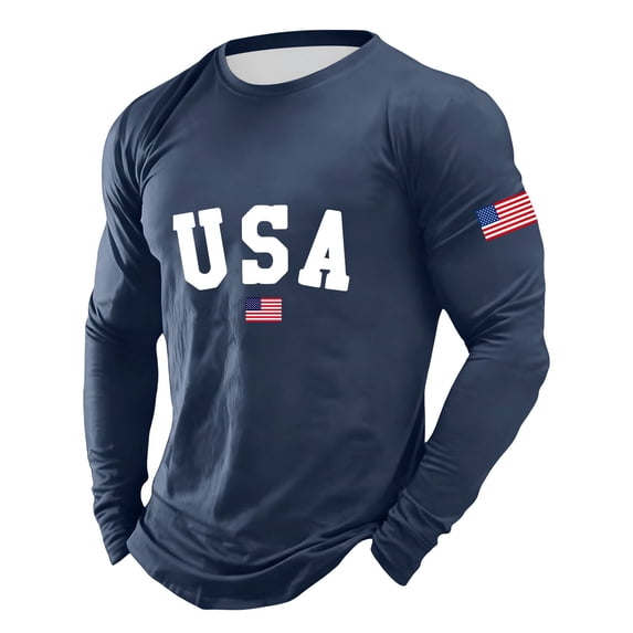 VNKIDY Mens Usa Flag Print Long Sleeve TShirts Crewneck Patriotic Design Curved Hem Casual Tees For Holiday Daily Wear Blue M